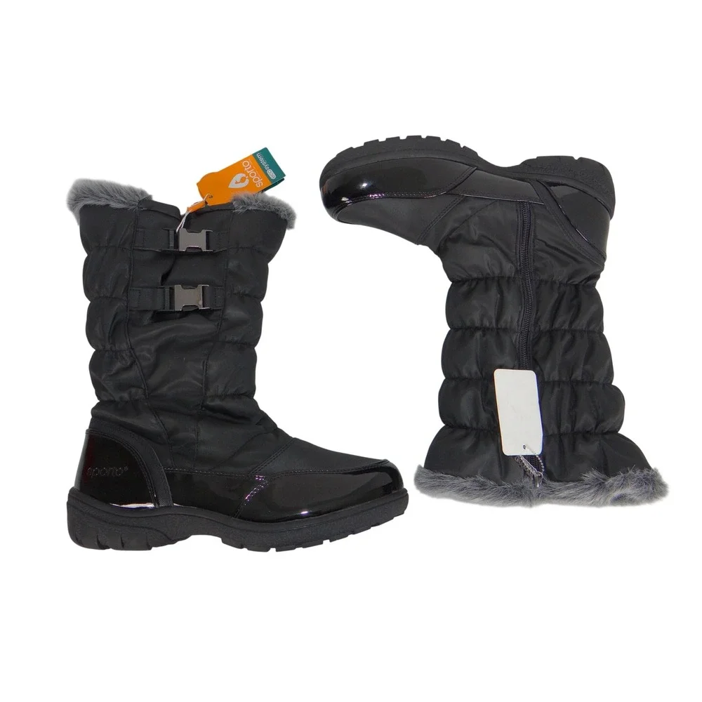 Sporto Eco System Womens Black Quilted Faux Fur Trim Winter Boots Size 10 NEW